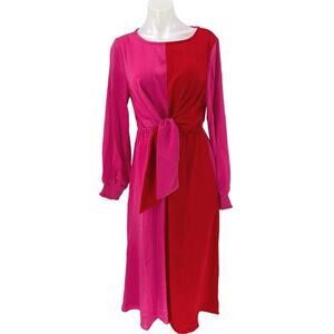 Oddy NWT Pink Red Satin Two Tone Colorblock Tie Front Long Sleeve Midi Dress L